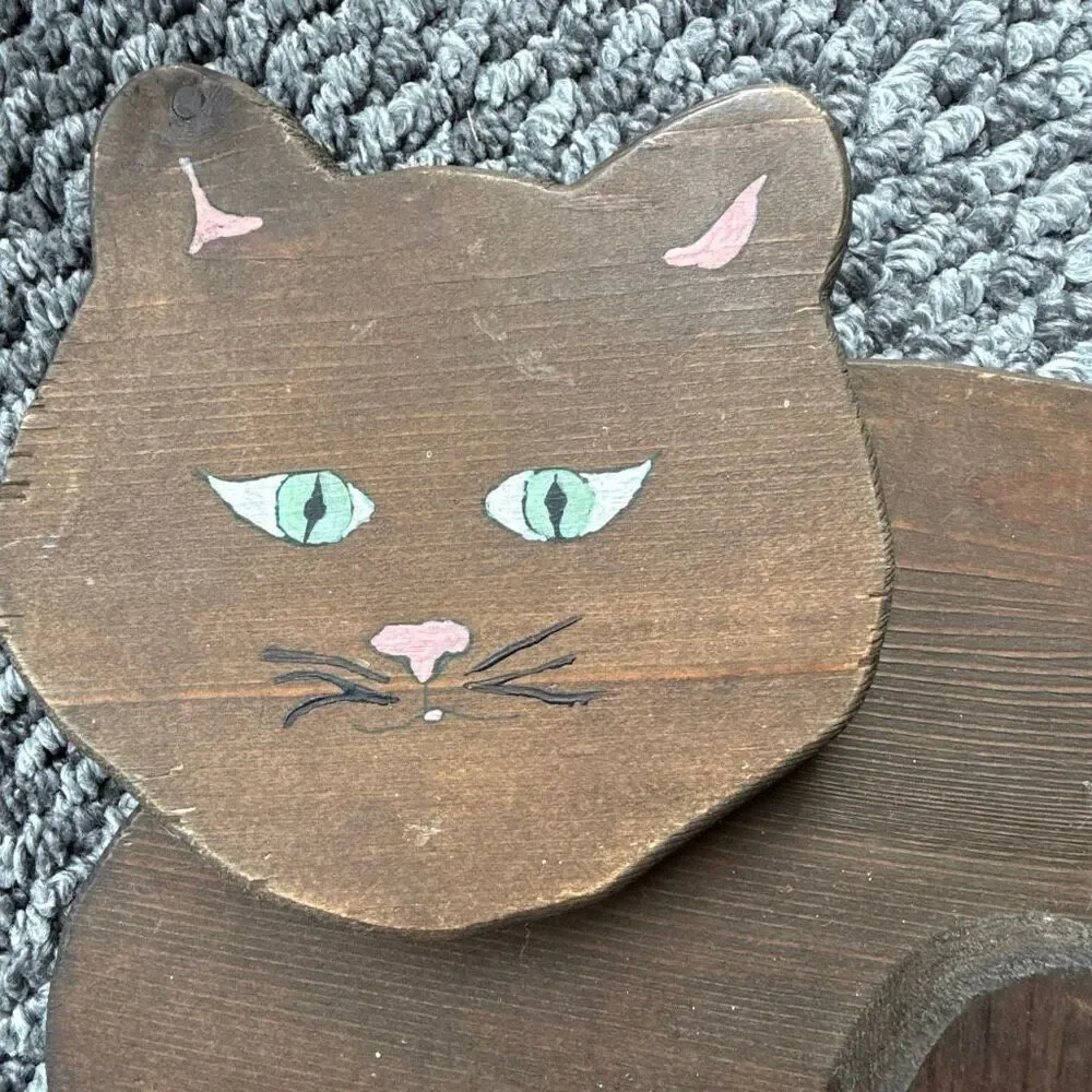 Vintage Wooden cat handmade and painted brown 11 inches folk art kitschy crazy c